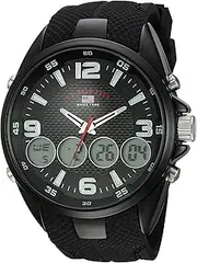 [Accutime] U.S. Polo Assn. Men's Ana-Digital Sport Watch – Black Dial with Multiple Digital Windows, Textured Strap, Stopwatch & Alarm Functions – 46mm Case – Fits Wrists 5.5" to 8", Black, NOSIZ, Modern