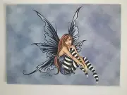 AMY BROWN NEW & MINT FAIRY POSTCARD/MINI ART PRINT Blue Faerie Striped Stockings