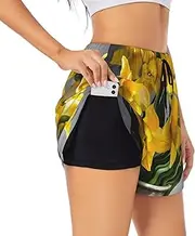 [WURTON] Bouquet of Daffodils Print Exercise Gym Workout Shorts Women's Athletic Shorts Dual-Layered Yoga Running Shorts