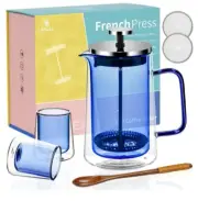 Mini French Press Coffee Maker- Lepicea 12 oz - Glass and Stainless-Steel - Blue
