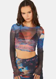 [Pretty Garbage] Scenic Print Mesh Crop Top