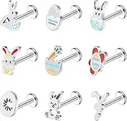 [BodyAce] 16G Easter Labret Studs Lip Bars, Stainless Steel Flat Back Earrings for Women, Cute Helix Tragus Piercings Easter Eggs Bunny Medusa Jewellery, Stainless Steel