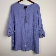 TAHARI Blue COLLARLESS 100% Linen Button Down Shirt Tunic Top Sz 2X NWT