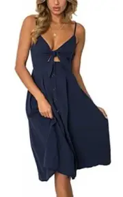 ECOWISH Womens Dresses Summer Tie Front Medium, Navy Blue(functional Buttons)