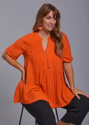 [TS] Taking Shape Zoe Zip Neck Pintuck Crinkle Top Size 16 in Sunset Orange, Viscose - Plus Size Women's Clothing Sunset Orange