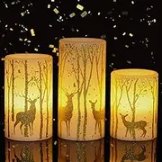 GenSwin Battery Operated Flameless Candles Flickering with 6 Hours Timer, Led Pillar Candles Deer Decal Warm Light, Real Wax Pack of 3 Christmas Home Decor