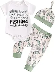 [Lamuusaa] Newborn Baby Boy Outfits Short Sleeve Letter Print Romper Fish Patterns Long Pants Hat 3Pcs Summer Clothes 0-18M