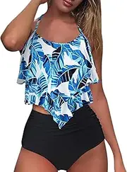 [iQKA] Women Two Pieces Bathing Suits Sunflower/Feather Print High Waisted Ruffled Top Bikini Set Tankini Switmsuit