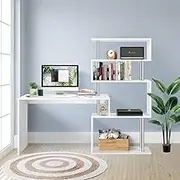 Luxsuite Office Corner Desk with Rotating Bookshelf 4 Tier Bookcase Storage PC Computer Study Table Worksation Office Home 100cm White