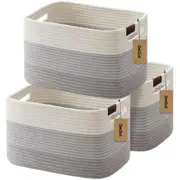 DelSol 3PCS Cotton Rope Basket Blanket Storage Laundry Clothes Home Organizer White & Gray