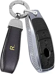 ontto Leather Car Key Fob Cover Keyring Fit for Mercedes Benz E S A Class CLA GLA GLE GLC GLK AMG Key Box Keychain Key Shell Key Holder Accessories Protector 3 Button Black