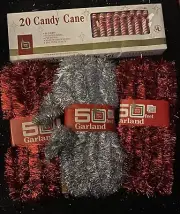 Bundle 5 PACK Christmas- 50 Ft Red Garland x3 & 1 Silver Tinsel Tree Decoration