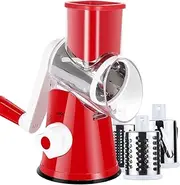 Rotary Cheese Grater Shredder, Speed Kitchen Manual Round Mandolin Slicer Safe Grinder with 3 Interchangeable Blades for Nuts, Carrot, Hashbrown, Garlic, Walnut, Potato, Chocolate (Red)