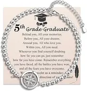 [EYQV] 5th Grade Graduation Gifts for Girls, Elementary School Compass Graduation Bracelet Decorations Card Present for Fifth Grade Daughter Granddaughter Niece Sister Friend, 7, Stainless Steel, no