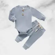 Long Sleeved Romper & Pants Set - Light Blue 3M-6M | V Babies