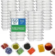 50 Pack Double Compartment Condiment Container with Lid, 5oz Disposable Small Snack Container 2 Compartment for Meal Prep, Salad Dressing, Dipping Sauce, Travel Snacks