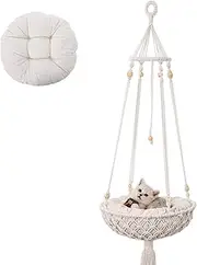 Macrame Cat Hammock, Boho Cat Swing, Handwoven Hanging Cat Bed with Hanging Kit for Indoor Outdoor Home Decor Hang on Wall Cat Hammock Bed for Sleeping, Playing, Climbing and Lounging