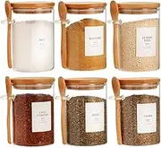 HHMJSM 6 Pcs Glass Jar with Bamboo Lid and Spoon - 17 oz Large Sugar Container with 148 Kitchen Pantry Spice Jar Labels Preprinted - Glass Containers with Wooden Lids Hold Coffee, Tea, Candy