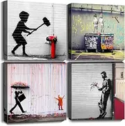 [Biufo] Banksy Wall Art Street Graffiti Canvas Print Picture Modern Painting Artwork for Living Room Bathroom Bedroom Decor (12"x12"x4pcs)
