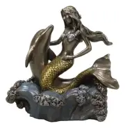 Ebros Mermaid Embracing Dolphin By Ocean Waves Statue 4.5"L Nautical Decor