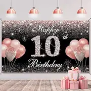 HTDZZI Rose Gold 10th Birthday Decorations for Girls, Happy Double Digits Backdrop Banner, Year Old Party Yard Sign Photo Props Background Decor Supplies, Fabric