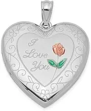 [JewelryWeb] 925 Sterling Silver Holds 2 photos Polished and satin 24mm Enameled Rose With Border Love Heart Locket