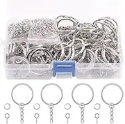 Swpeet 300Pcs 6/5 Inch 30mm Sliver Flat Key Chain Rings Kit, Including 100Pcs Split Keychain Rings with Chain and 100Pcs Jump Ring with 100Pcs Screw Eye Pins Bulk for Jewelry Findings Making