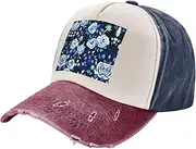 [YANYU] Blue Flower Pattern Roses Print Fashion Washed Distressed Baseball Cap Vintage Adjustable Hat with Classic Brim, Navy and Red, One Size