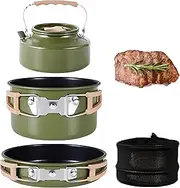 Trail Camping Cookware Set 3Pc, 2 Person Outdoor Camp Cooking Kit, 1.1L Kettle, 0.8L Frying Pan, 2L Large Pot, Storage Bag, Non-Stick Pan, Foldable Handle, for Outdoor Use