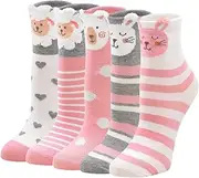 [ZAKASA] Girls' Children's Cotton Trainer Socks: Funny Cartoon Cute Cat Dog Animal Patterned Sports Socks Colourful Toddler Socks Size 20-34, 2-11 Years Old 5 Pairs