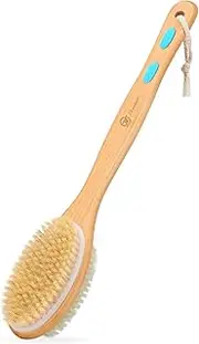 FREATECH Long Handle Body Brush Back Scrubber Exfoliator - 17.3" Wooden Bath Shower Brush, Dual-Sided Brush Head with Soft Nylon Bristles and Stiff Natural Bristles for Wet or Dry Brushing,Blue