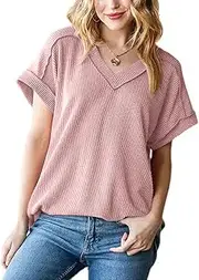 [NANYUAYA] Women's Casual V Neck Waffle Knit Tops Loose Fit Solid Basic Oversized Shirts Blouses Fashion 2024 Summer