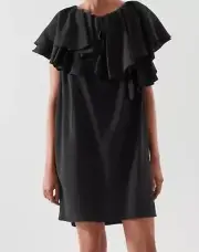 COS Women's Ruffled Neck Knee Length Mini Tunic Shift Dress Black Size 12
