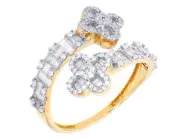 Baguette Clover-Style 3/4 CT Real Diamond Ring 10K Yellow Gold