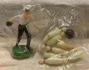 Vintage Unbranded NIP 3.75” Man Bowling Cake Topper With Pins And Ball