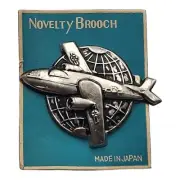 Rare Vintage Novelty Tin Airplane World Globe Brooch Pin made in Japan