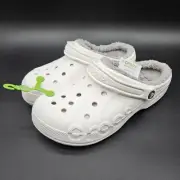 Crocs Womens 11 Mens 9 Baya Lined Clogs Slippers Shoes White Light Gray Faux Fur