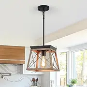 Ganeed Farmhouse Pendant Light,1 Light Wooden Lantern Chandelier,Adjustable Height Metal Cage Rustic Hanging Light Fixture for Kitchen Island Dining Room Bedroom Foyer