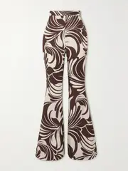 [La DoubleJ] La DoubleJ - Superflare Printed Satin-jacquard Flared Pants - Dark brown - small small Brown