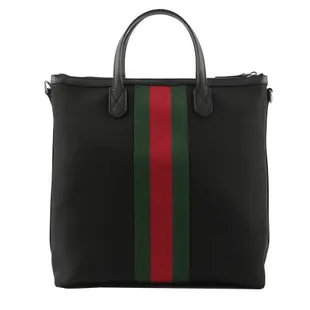 【GUCCI 古馳】科技尼龍綠紅織帶手提/斜背二用包(黑色)/ 平行輸入