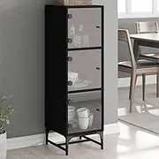 Modern Black Highboard Cabinet with Glass Doors, 35x37x120 cm, Stylish Storage Buffet for Hallway Furniture