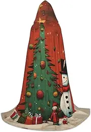 SKKNT Snowman Christmas Tree Print Halloween Hooded Cloak Full Length Cape With Hood For Men And Women For Carnival