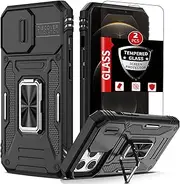 FRLMOOES for iPhone 12 Pro Max Case with 2 Screen Protectors,12 Pro Max Phone Case Built-in Slide Camera Cover,360°Ring Kickstand Military Grade Drop-Resistant Shockproof Heavy Duty Protection Black