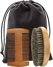 Beard Comb Brush Set, Wooden Boar Bristle Beard Brush, Anti Static Moustache Pocket Comb, Portable Hair Comb for Combing Beard Hair, Removing Debris, Massages Face (beardbrush 2pcs)