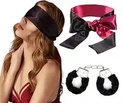 Sexy Plush Toy Handcuffs with Keys and Satin Bandage Blindfold Eye Mask Party Supplies for Lover Couple (Black)