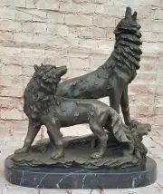 Bronze Sculpture, Hand Made Statue Animal Large Signed Lopez Two Wolves Wolf Art