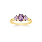 9ct Gold Pink Amethyst & Diamond Oval Cut Trilogy Ring in Purple