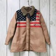 Jellybuddy Men Khaki Distressed American Flag Print Sherpa-Lined Zip Jacket L