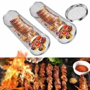 2 PCS BBQ Grill Basket Rolling Grilling Basket Stainless Steel Grill Mesh7369