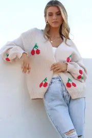 Cherrie Cardigan - Open Front Cherry Print Cardigan in Beige